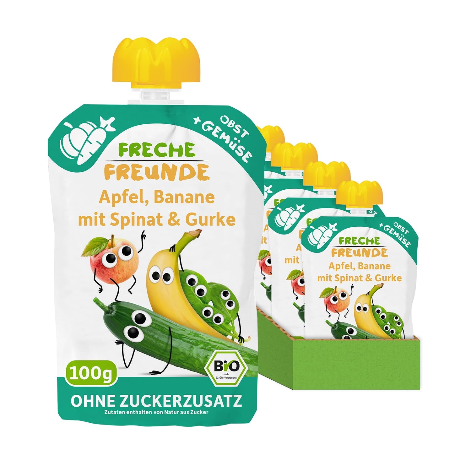 FRECHE FREUNDE Økologisk presselig frugtpose med æbler, bananer, spinat og agurk, pureret frugt og grøntsager i en klembar pose til babyer fra 6 måneder, vegansk, pakke med 6 (6 x 100 g)