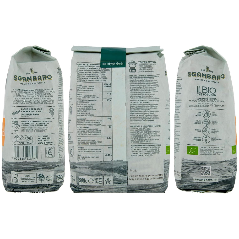 Økologisk Penne Rigate Pasta N.91 - 500 g fedtfattig hvedepasta - Kilde til fibre og protein