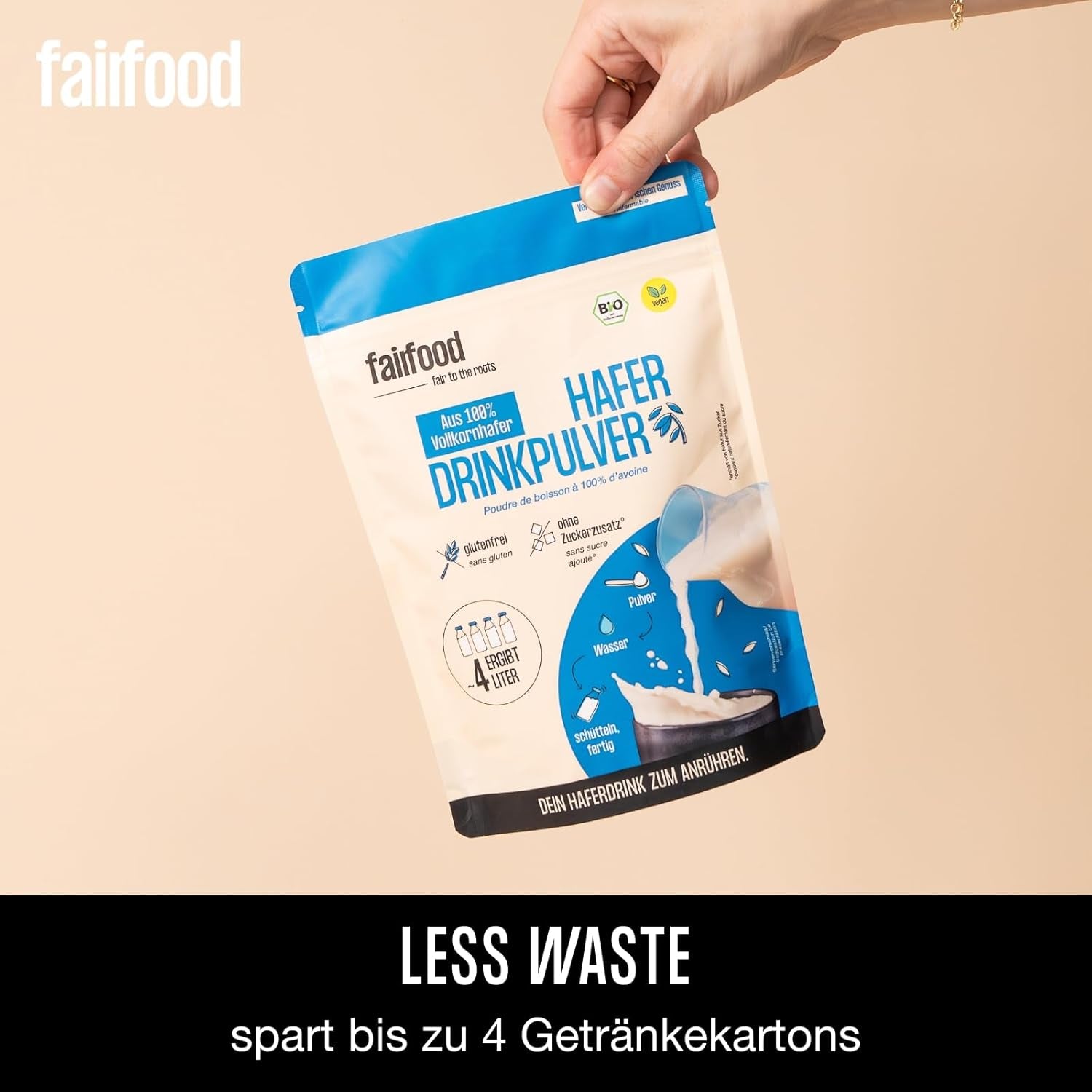 fairfood Bio Haferdrink Pulver 360g - nachhaltige Milchalternative - vegansk, glutenfri og ohne Öl - bis zu 4L Haferdrink - zum Selbermischen - 100% Bio-Vollkornhafer