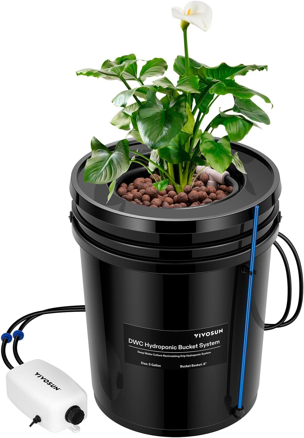 VIVOSUN DWC Hydrokultur Anbausystem med Topf-Dripkit, 5-Gallonen Tiefwasserkultur, Umwälz-Tropfgartensystem med Mehrzweck-Luftschlauch, 8W Luftpumpe og Luftstein (1 Bucket + Top-Drip-Kit)