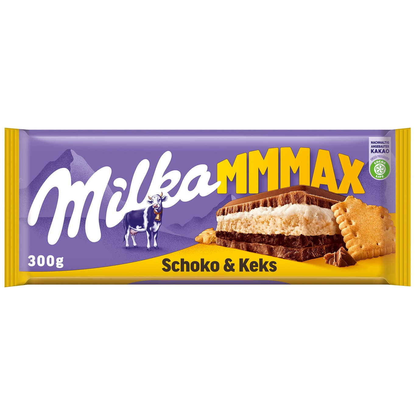 Milka Mmax chokolade og kiks – Alpine mælkechokolade med mælkecremefyld og sprøde stykker kiks – 300g