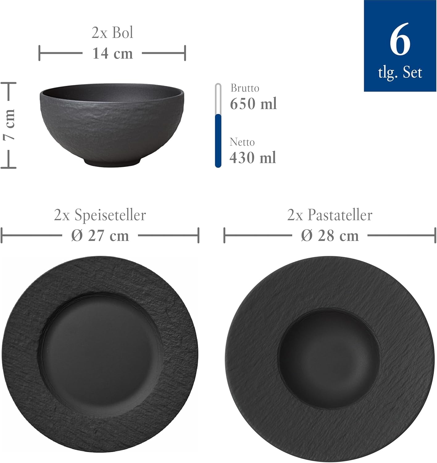 Villeroy & Boch – Manufacture Rock Starter-Set 6 Teilig Schwarz, Spülmaschinenfest, Mikrowellensicher, Geschirr Set Schwarz Matt, Tafelservice, Essgeschirr, Premium Porzellan Bordservice Sets Naty Shop