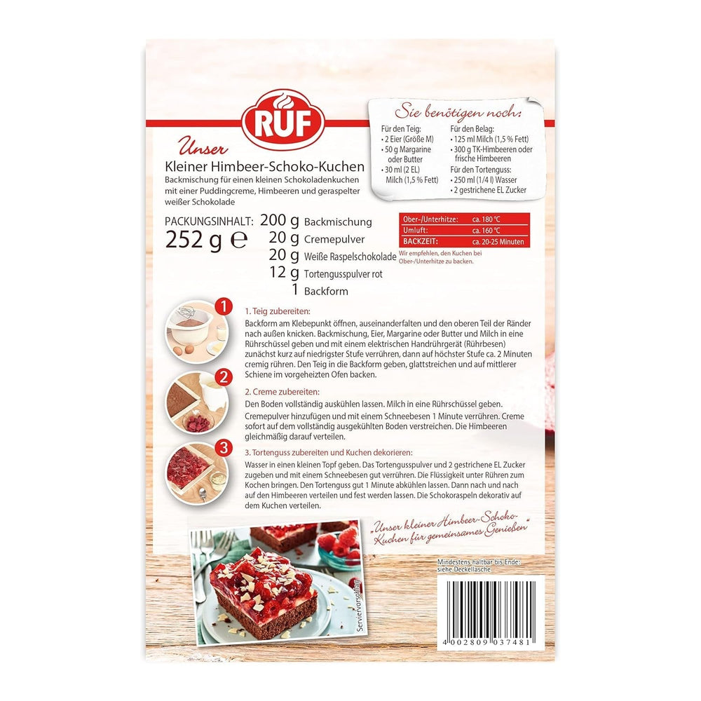 RUF Kleiner Himbeer-Schokokuchen, Mini-Kuchen Mit Feiner Puddingcreme, Himbeeren Und Weißen Schokoraspeln, Inkl. Backform, 1X252G Amestec pentru copt si gatit Naty Shop