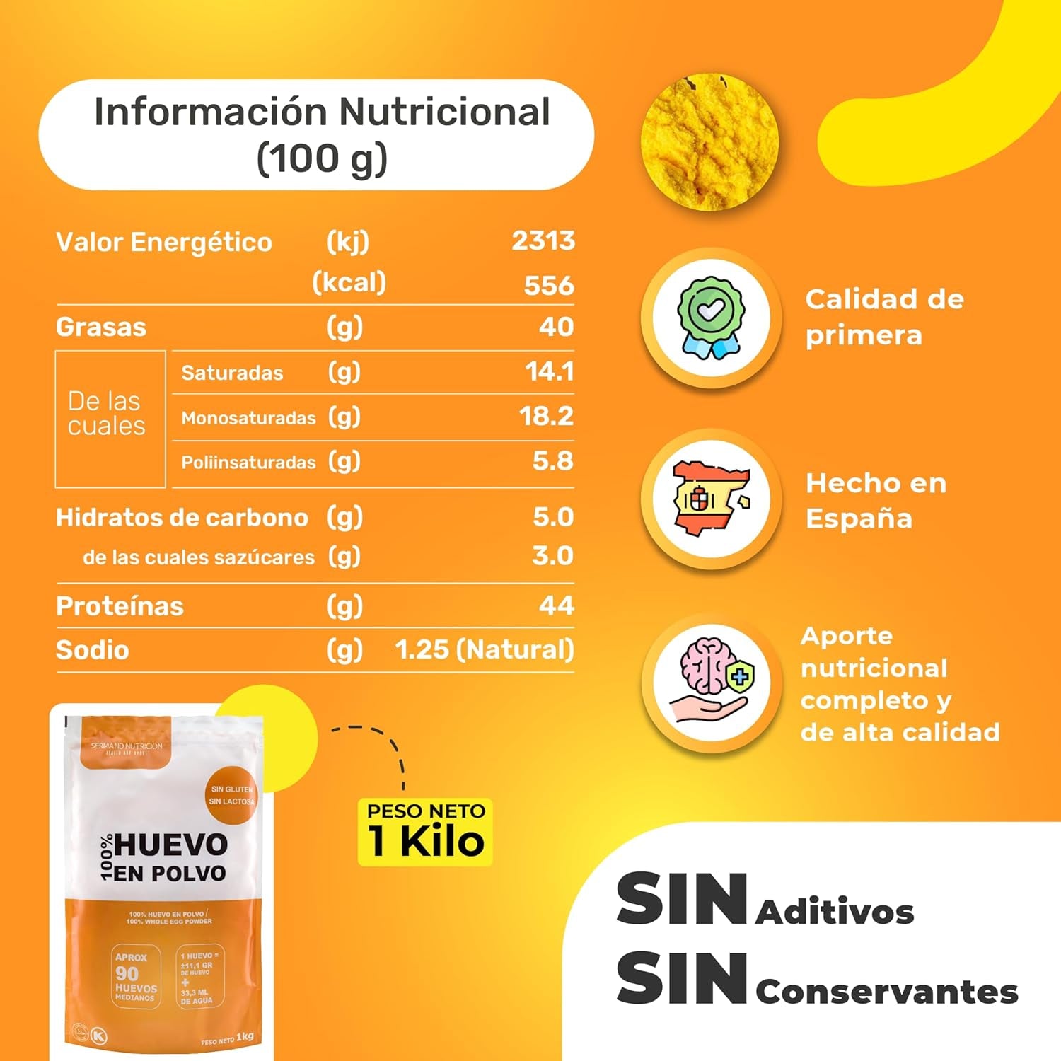 Eipulver aus Freilandeiern (1kg) | Pasteurisiertes Vollei Pulver | Ohne Zusatztoffe | Glutenfri & laktosefri | Vakuumverpackung i Zip-Beutel