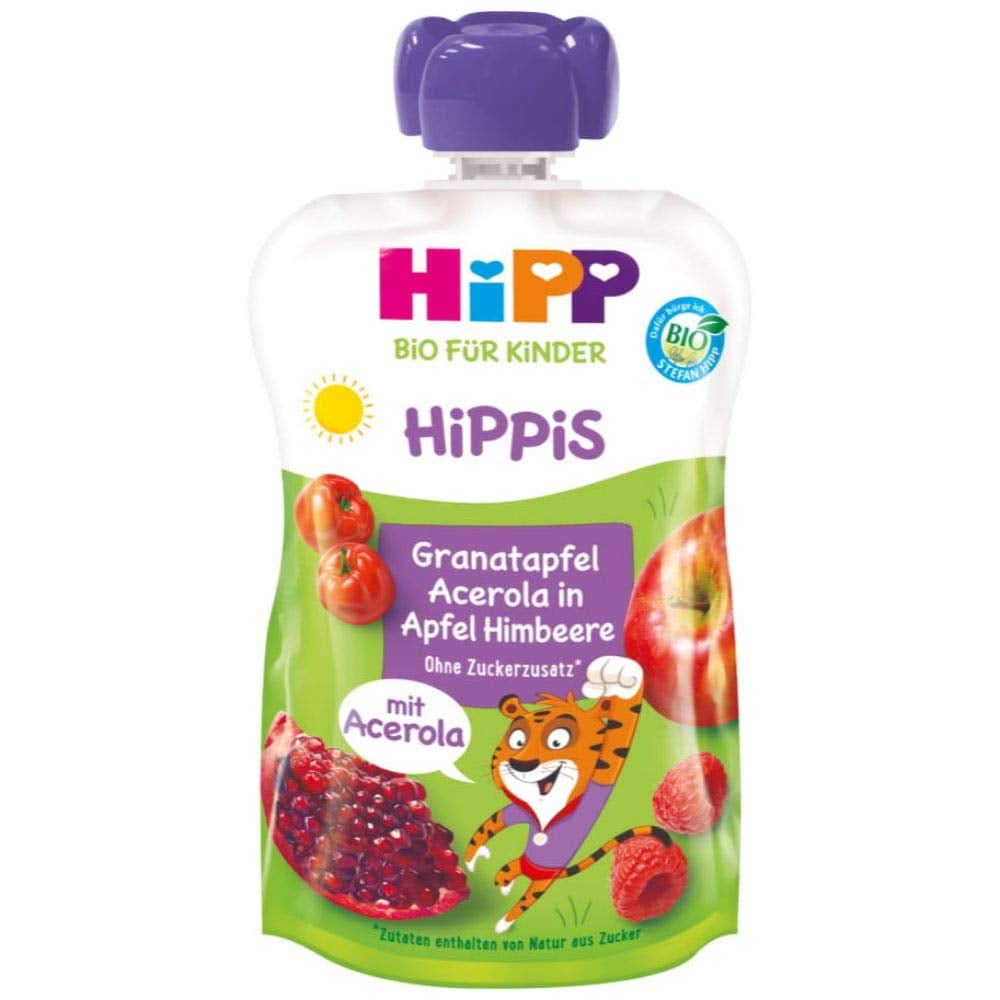 Hipp Super-Hippis-presseposer, granatæble-acerola i æble-hindbær, 100% økologisk frugt uden tilsat sukker, 6 poser á 100 g Mor og barn Naty Shop 6 x 100 gram Granatæble Acerola Æble Hindbær
