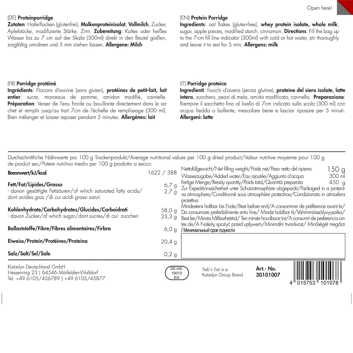 Trek'n Eat Proteingrød – Højproteinmorgenmad til friluftslivet | Frysetørret bord til camping, vandreture og ekspeditioner | Fyldende, hurtig at forberede, ideel til rejser