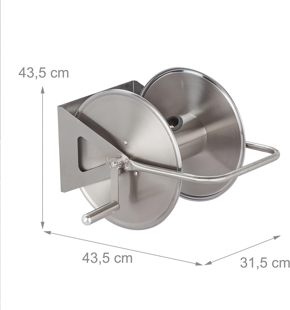 Relaxdays Rolă furtun din oțel inoxidabil, înfășurare furtun gol, montare pe podea și perete, pentru furtun de grădină de 40 m, rolă furtun, argintiu, 43,5 x 43,5 x 31,5 cm