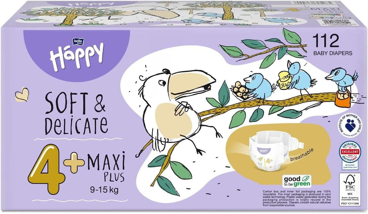 Bleer Bella Baby Happy Soft & Delicate str. 4+ Maxi plus 9-15 kg HAPPY BOX 112 stk. Mor og barn Naty Shop