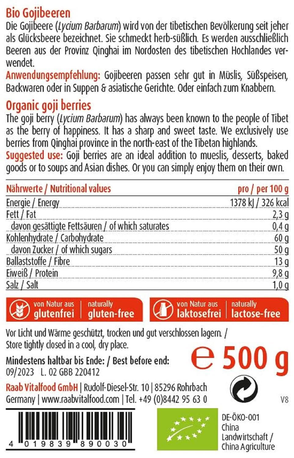 Raab Vitalfood Økologiske Gojibær, premium kvalitet, 500 gram Naty Shop dehydrerede produkter