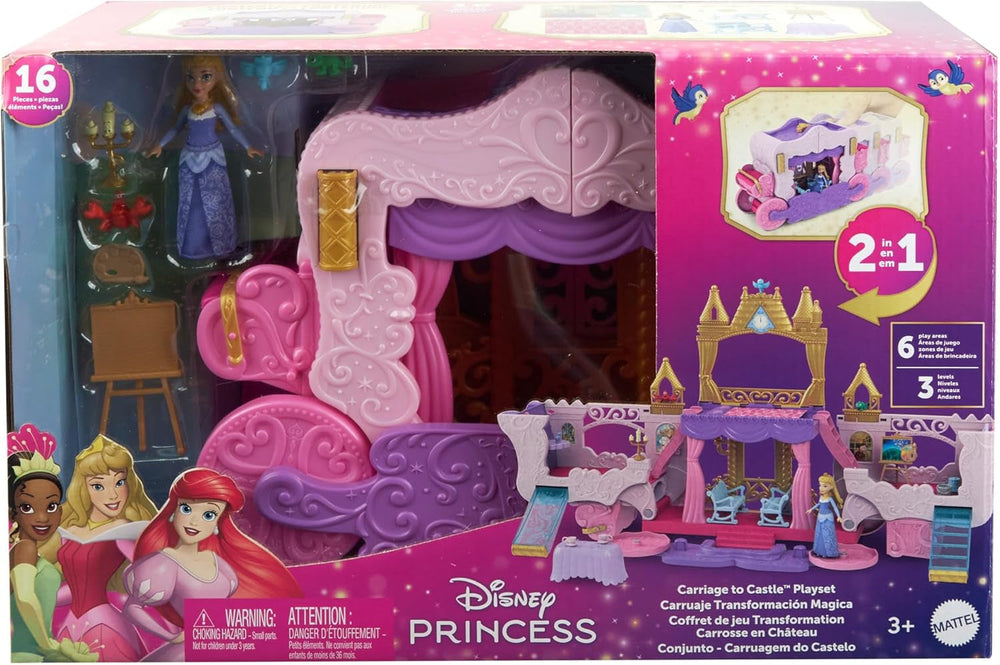 Mattel Disney Prinzessin Verwandlungs-Spielset Kutsche zu Schloss mit kleiner Puppe Aurora, 3 Ebenen, 6 Spielbereichen, 4 Figuren, Möbeln & Zubehör HWX17