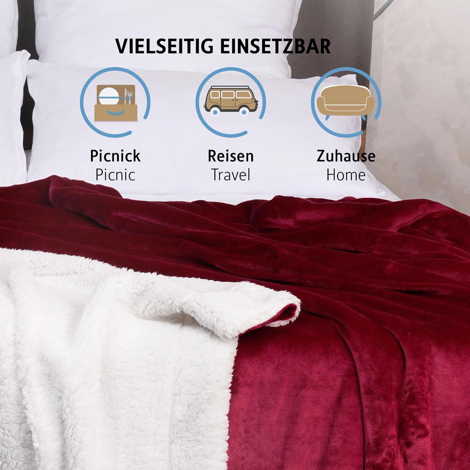 Komfortec hyggetæppe 150X200 Cm, Oeko-Tex certificeret fluffy fleece tæppe, varmt sherpa tæppe til sofaen, tykt tæppe til sofaen, bordeaux senge og tæpper Besuche den Komfortec-Store