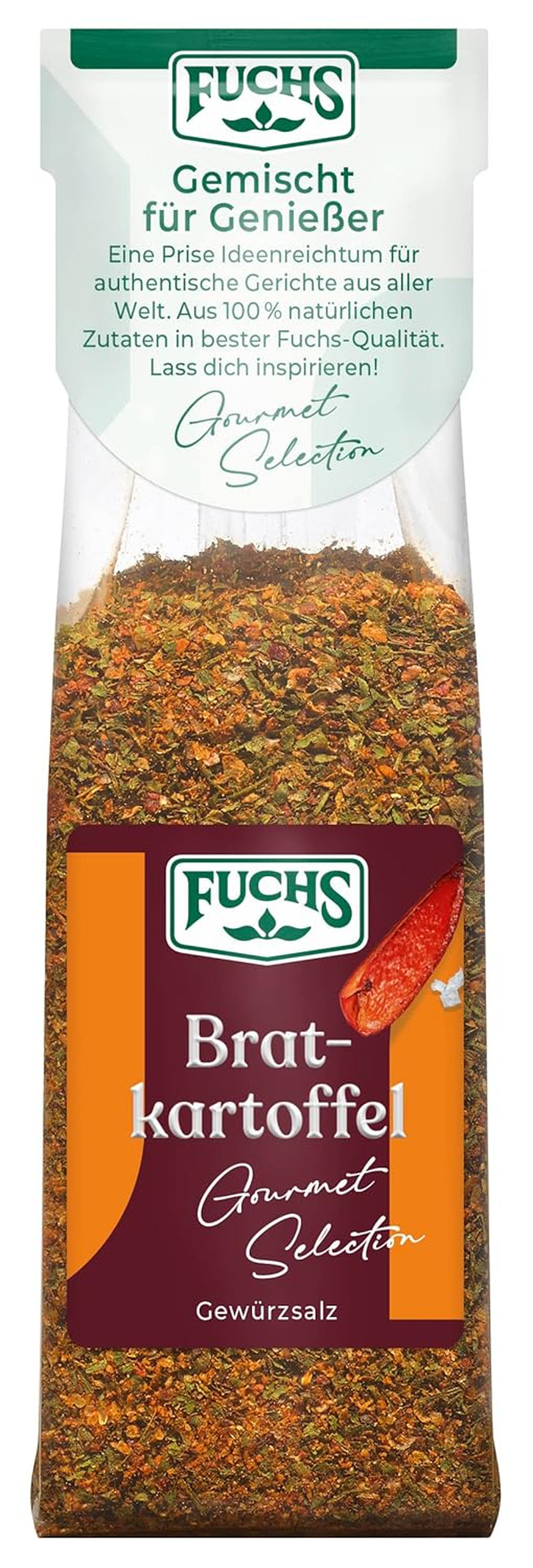 Fuchs Gourmet Selection Klassisch/Heimisch – Bratkartoffel Gewürzsalz, nachfüllbares Kartoffel Gewürz, Salz zum Würzen von Brat- & Ofenkartoffeln, Pommes Frites & Co, vegansk, 70 g