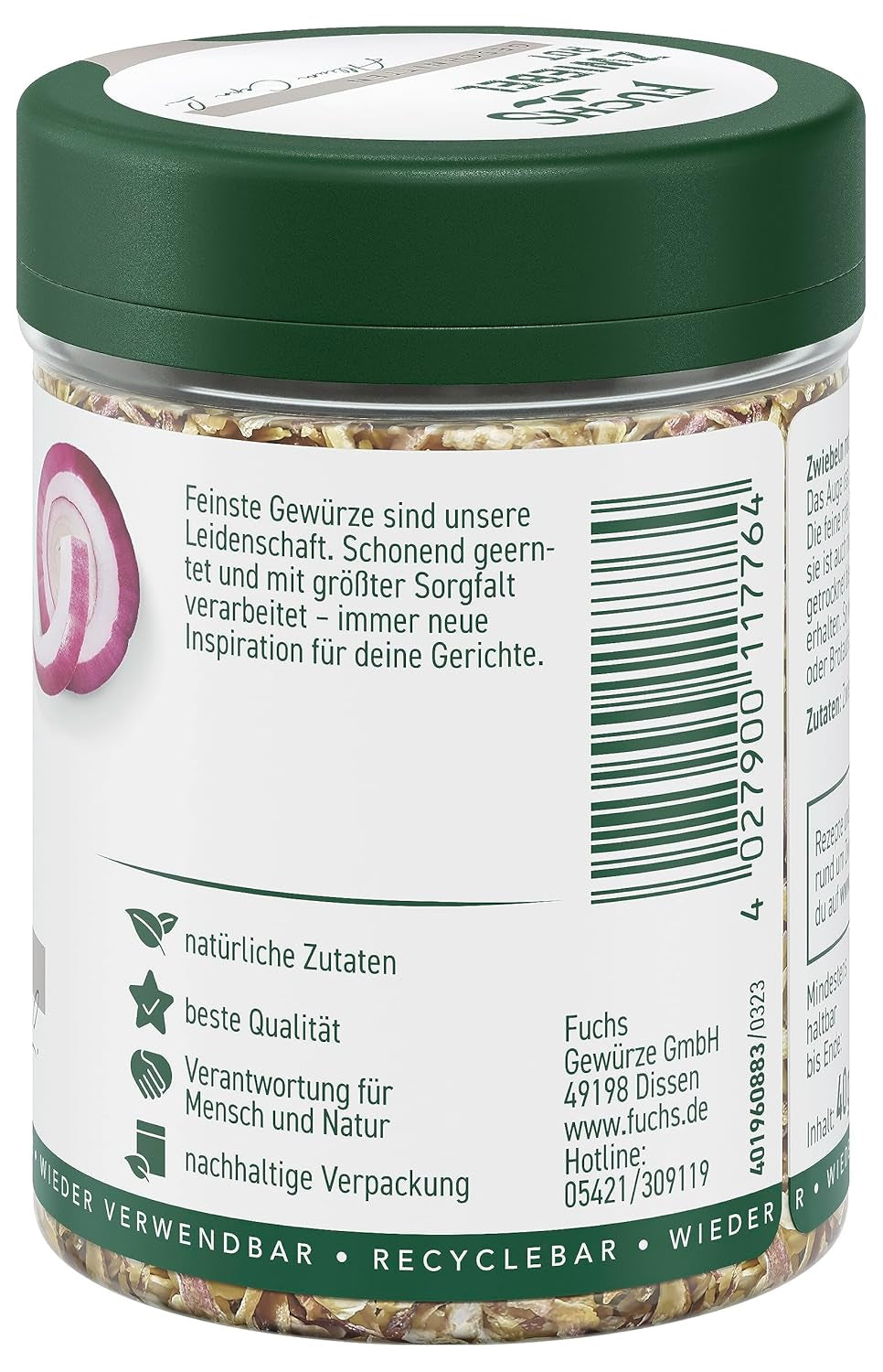 Fuchs Gewürze - Zwiebel rot geschnitten - Gewürz für Pürees, Salat eller Brotaufstriche - naturlige ingredienser - 40 g i wiederverwendbarer, genbrugsbarer Dosis