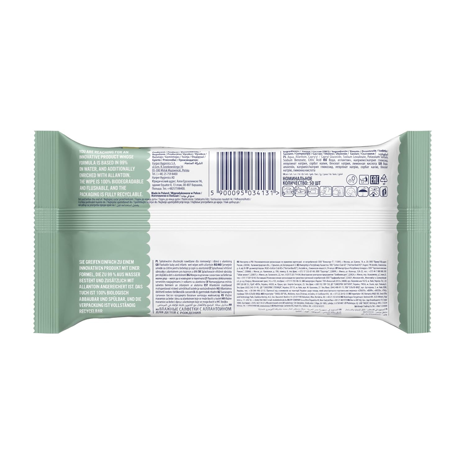Cleanic Baby Eco Pure Water Wet Wipes – (1 x 50 stk.) Vådservietter til børn og spædbørn – parfumefri, skyllebar, følsom hud – 50 stk.