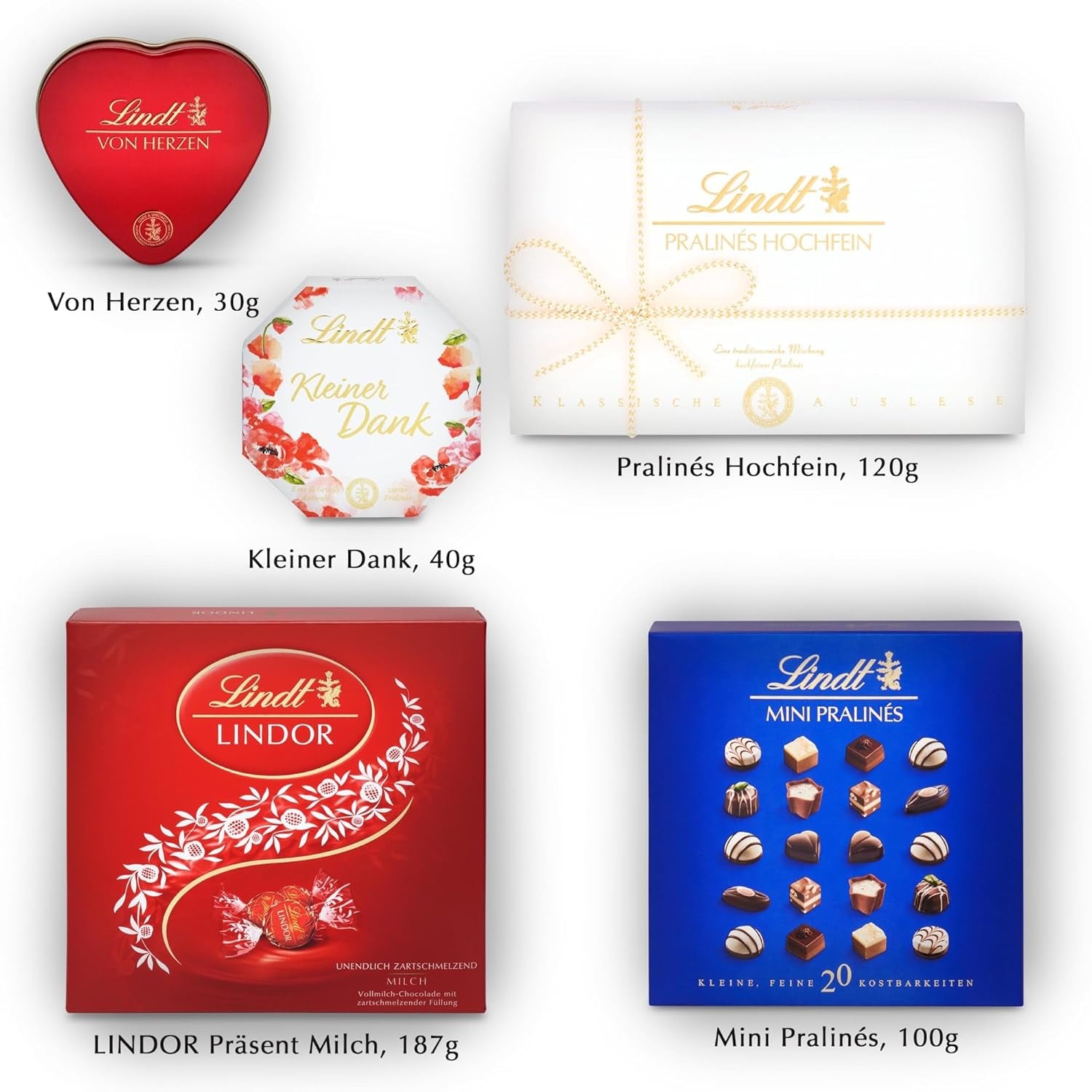 Lindt Chokolade Praline Gavesæt | 477g | 5 æsker Lindt-praliner i varianterne: Exquisite, Mini Praline, LINDOR Gift, Small Thank You, From the Heart | Praline gave | Chokolade gave