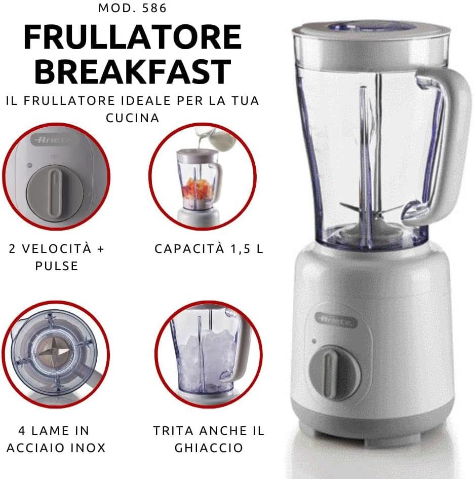 Ariete Breakfast 586 Blender, Elektrischer Mixer Mit 4 Edelstahlklingen, 2 Geschwindigkeiten + Pulse-Funktion, Anti-Slip-Füße, Aufsatzdeckel, 1,5 L Fassungsvermögen, 500W, Weiß Mother and Child Naty Shop