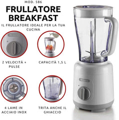 Ariete Breakfast 586 Blender, Elektrischer Mixer Mit 4 Edelstahlklingen, 2 Geschwindigkeiten + Pulse-Funktion, Anti-Slip-Füße, Aufsatzdeckel, 1,5 L Fassungsvermögen, 500W, Weiß Mother and Child Naty Shop