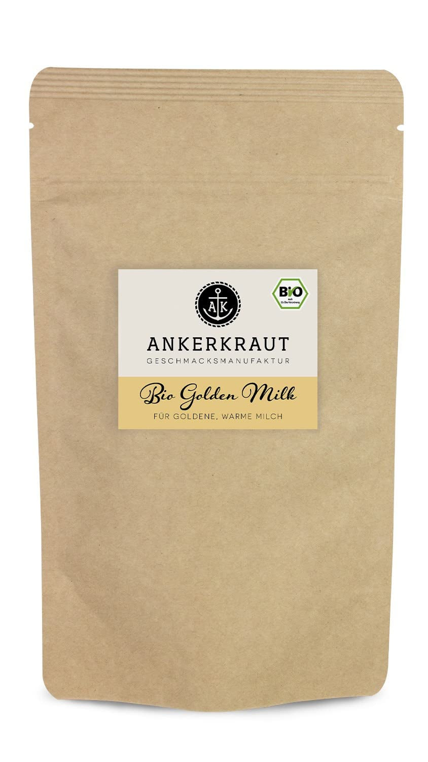 Ankerkraut Bio Golden Milk, Gewürz für goldene Milch, med gurkemeje, Zimt og Ingwer, 75 g i et korkglas