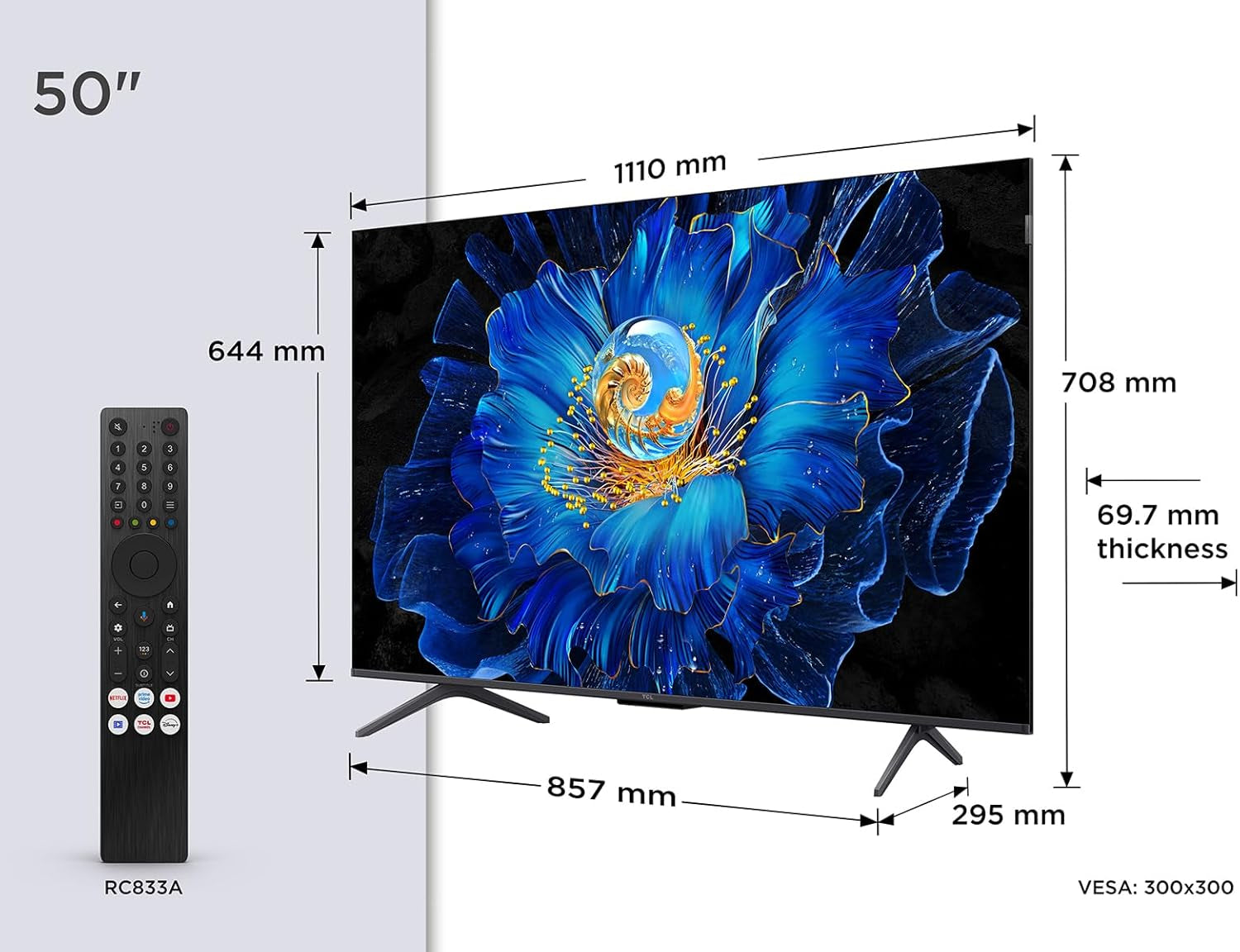 Televizor LED mini TCL 50C61KS QLED, 50 de inci, rezoluție 4K HDR Premium, Dolby Vision și Atmos, sunet Onkyo 2.0, Smart TV cu Google TV, Game Master, HDMI 2.1, AirPlay 2, Google Assistant și Alexa