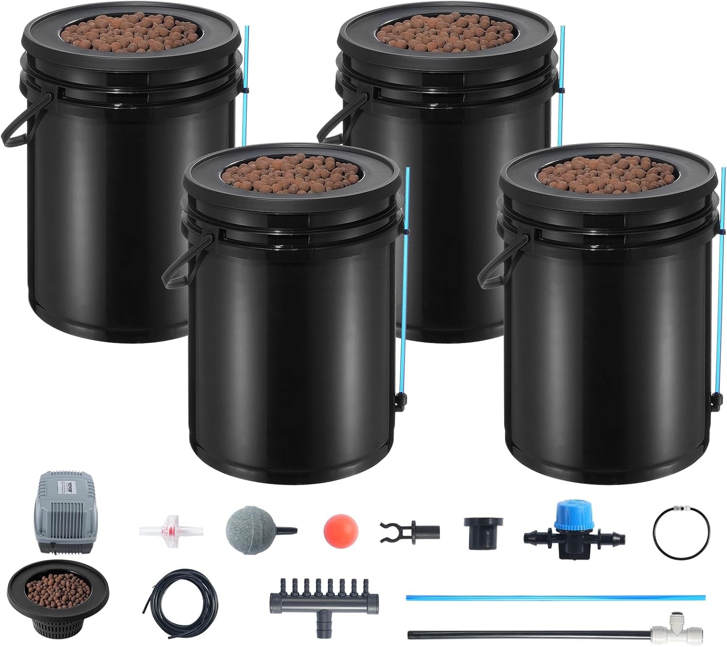 VEVOR DWC Hydroponic Grow System Dryp Pot Kit Hydroponic Grow Systems Dybvandsdyrkning 4 20L spande med luftpumpe Luftsten og vandstandsindikator til grønne bladgrøntsager