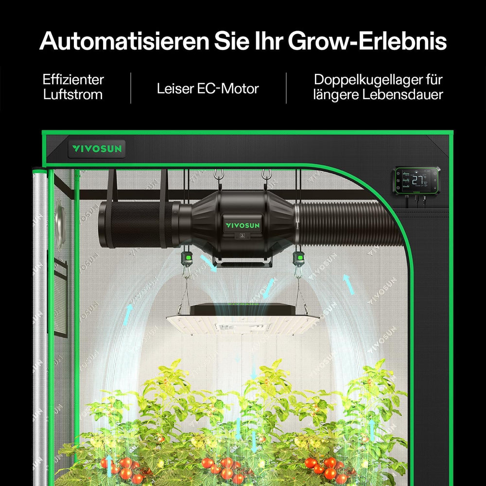 VIVOSUN Smart Grow System med 100W AeroLight A100SE LED-lampe med integreret cirkulationsventilator, AeroZesh T4 100mm 357m³/h kanalventilator og GrowHub E42A-controller til væksttelte og indendørs dyrkning