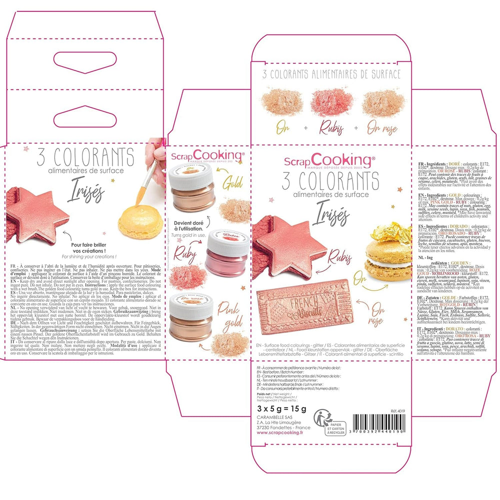 Scrapcooking - Set de 3 coloranți alimentari metalici - Colorant alimentar: auriu, auriu roz și rubin - Colorant alimentar comestibil pentru copt, prăjituri, fursecuri, torturi, ciocolată - 4019