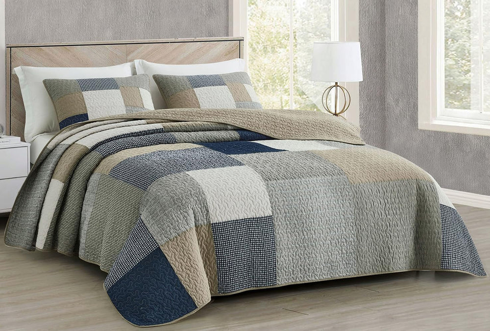 Chezmoi Collection Addy Patchwork Quilt Sæt Forvasket Bomuld Letvægts Vendbar All Seasons Oversized 3 dele Navy White Grå Taupe Plaid Quilts & Quilts Naty Shop Plaid Patchwork Taupe Twin