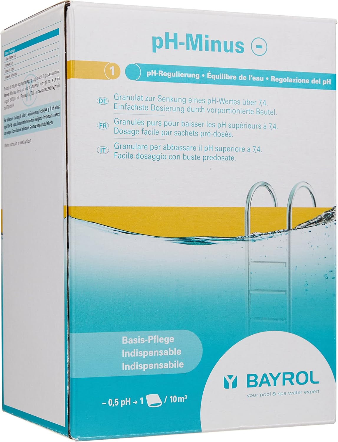 BAYROL e-pH-Minus granulat 6 kg - reducerer hurtigt og effektivt for høje pH-niveauer i pools - nem dosering direkte i vandet - inkluderer doseringsbæger - pH-reducer - pH-justering til pools
