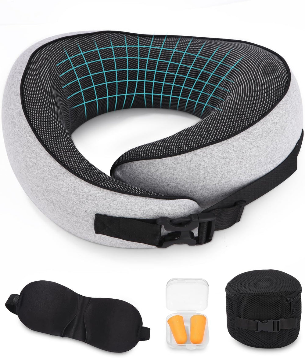 Aeroplane Neck Pillow, pernă de călătorie cu spumă de memorie, pernă pentru gât pentru adulți, pernă de avion reglabilă și lavabilă, pernă de călătorie ergonomică (gri) Perne ortopedice cervicale Naty Shop Gri
