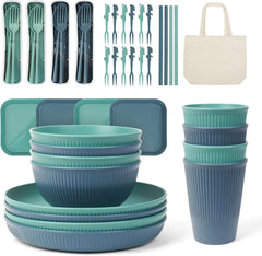 Set de veselă de camping cu 53 de piese pentru 4 persoane, veselă de camping indestructibilă pentru 4 persoane, set de veselă din plastic ușor cu geantă de transport, farfurii și boluri stivuibile, veselă de picnic pentru grătar și grădină