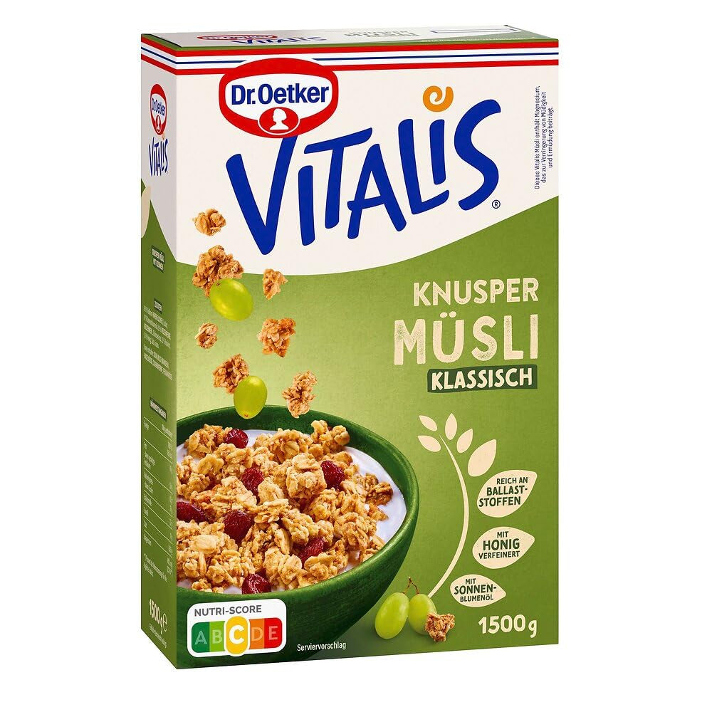 Dr. Oetker Vitalis Classic Crispy Mysli: Stor pakke sprød morgenmadsmüsli med rosiner, 1 pakke, 1,5 kg