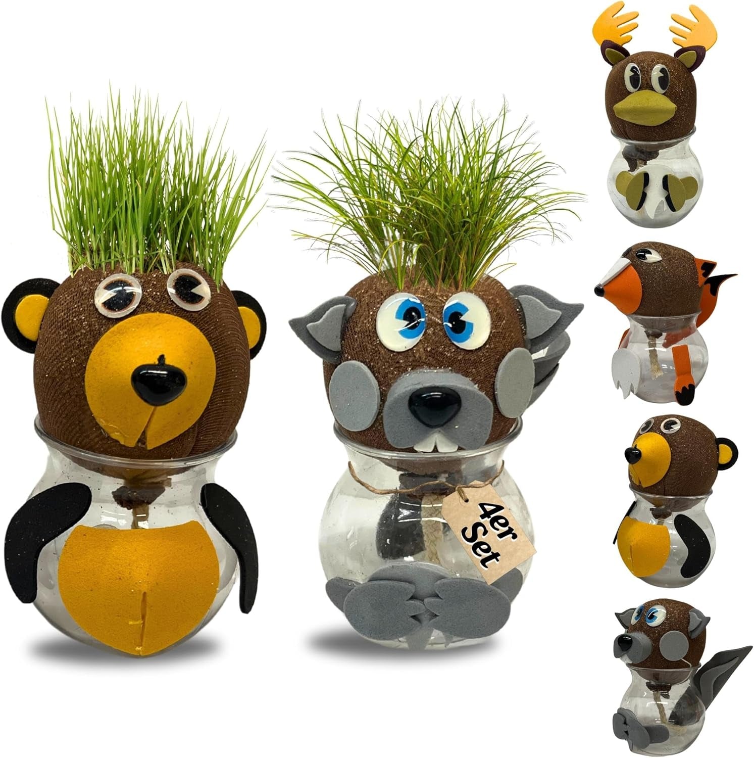 Bada Bing Graskopf 4er Sæt inkl. Wasserbehälter Waldtiere DIY Tiere – Rasenkopf Tierkopf mit Rasensamen – Experiment für Kinder – Spaß mit Lerneffekt – Geschenk Mitbringsel Kindergeburtstag Mitgebsel