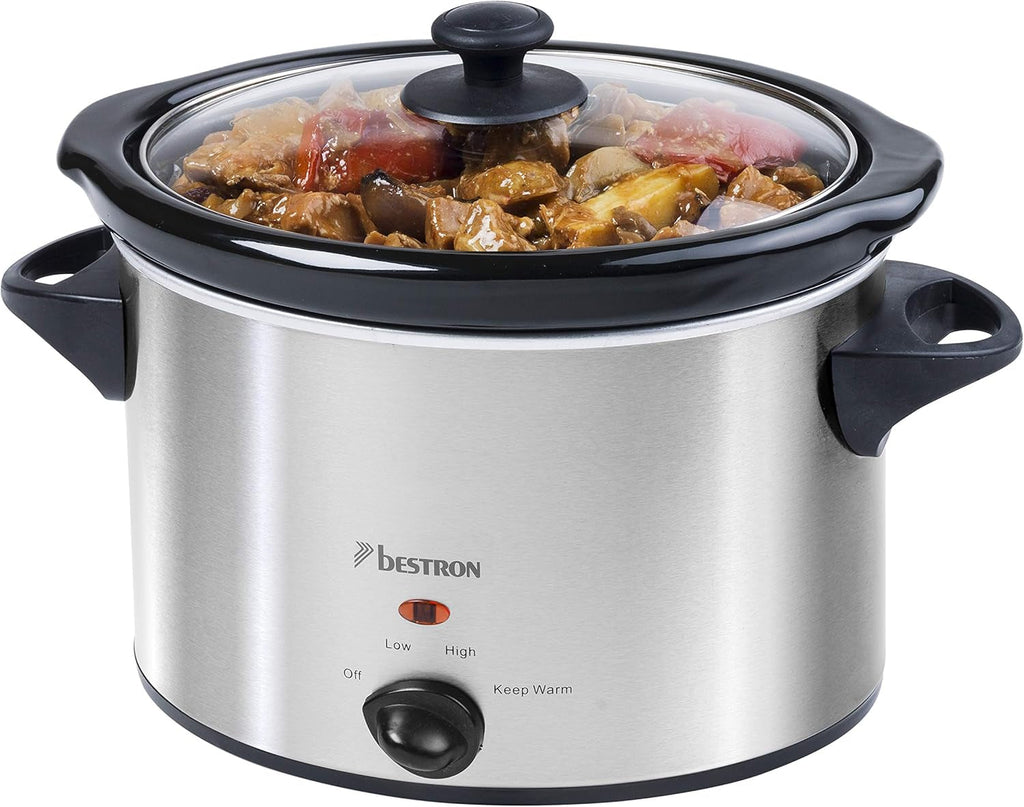 Bestron slow cooker cu tigaie ceramică și capac din sticlă, termostat cu 3 niveluri, ideal pentru multe feluri de mâncare, cum ar fi carne, supe și legume, 3,5 litri, culoare: argintiu Slow Cooker Naty Shop Argintiu 4 persoane
