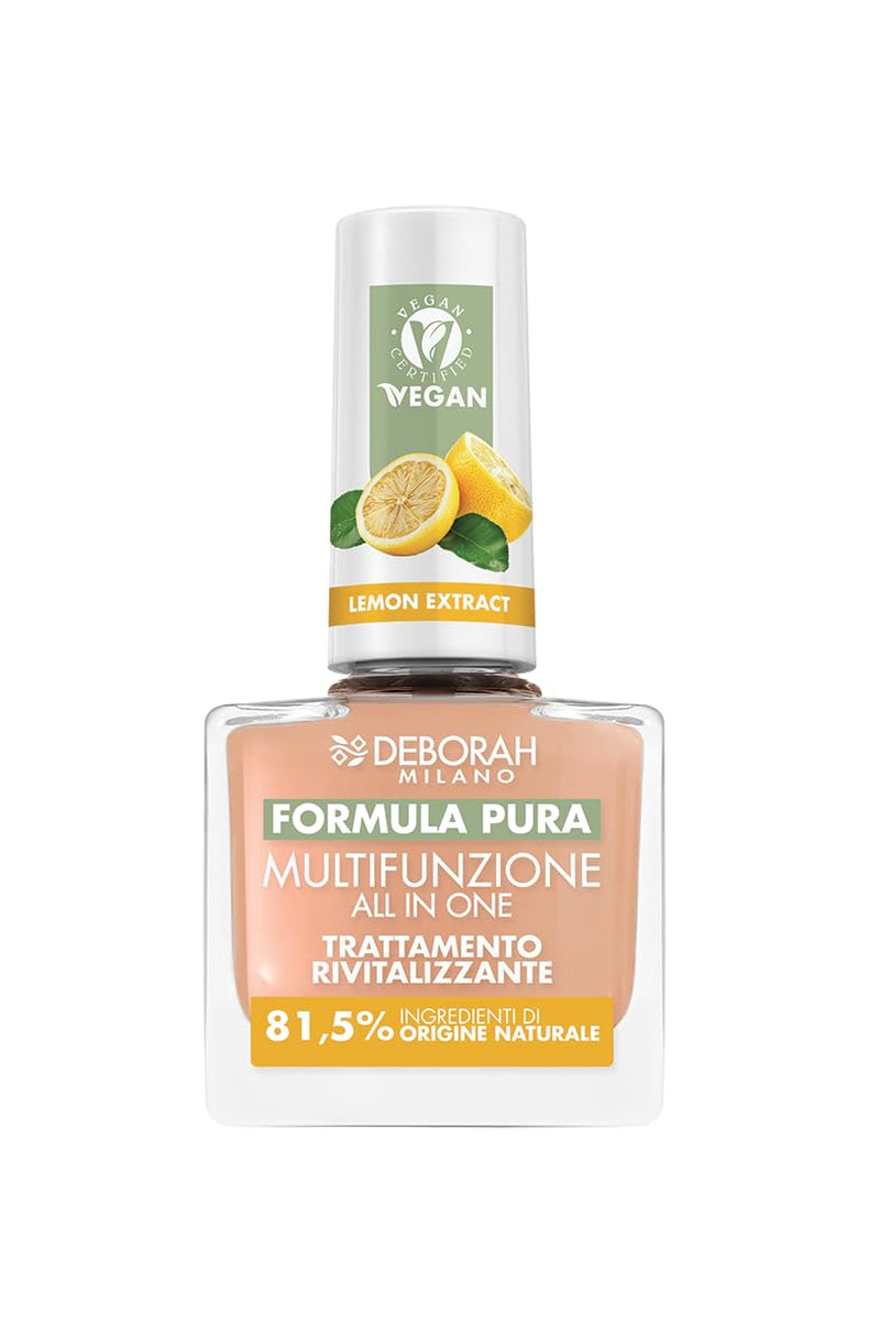 Milano Formula Pure Treatment All in One neglelak, vegansk, til base og top coat, med citronekstrakt, revitaliserer og reducerer gulning, 8,5 ml