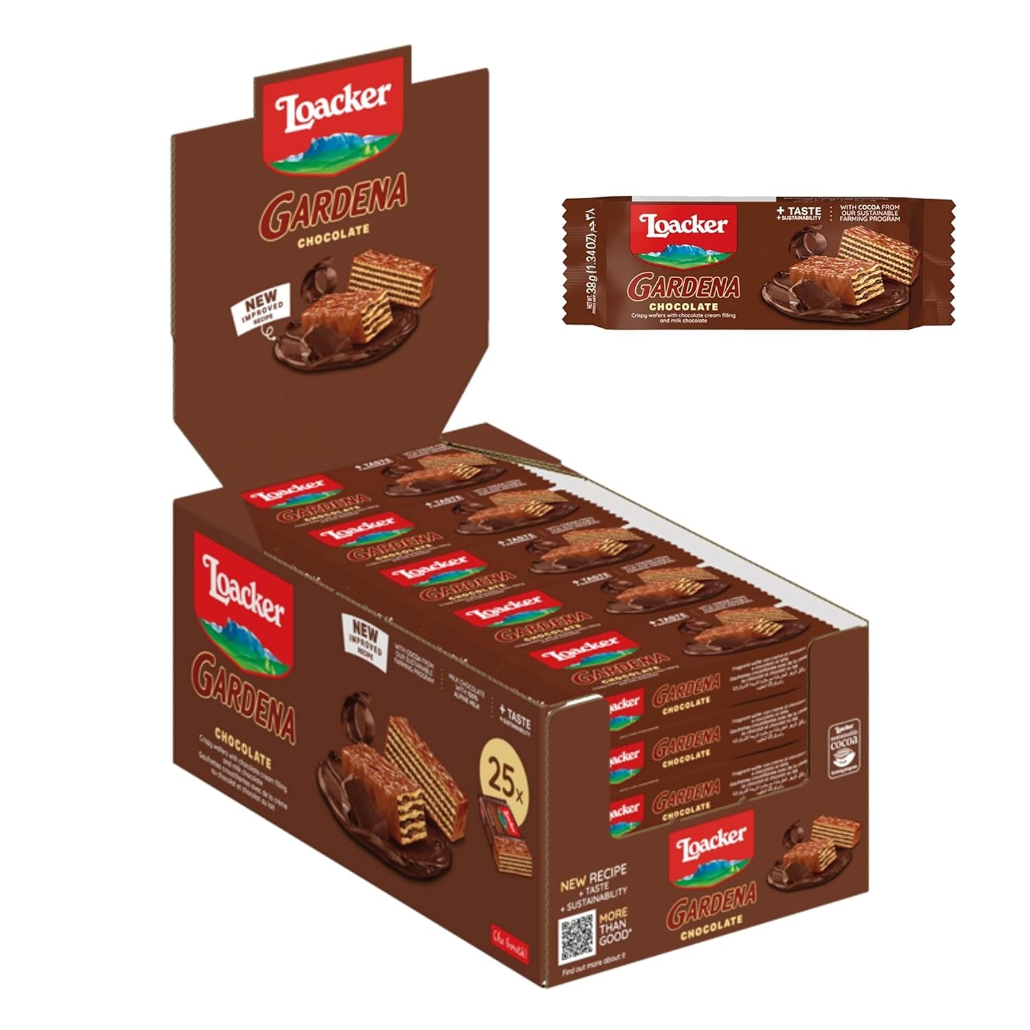 Loacker Gardena (Ciocolată) • Napolitane acoperite cu ciocolată cu lapte și umplutură fină de cremă de ciocolată • Biscuiți tip napolitană, pachet mare (25 x 38g)