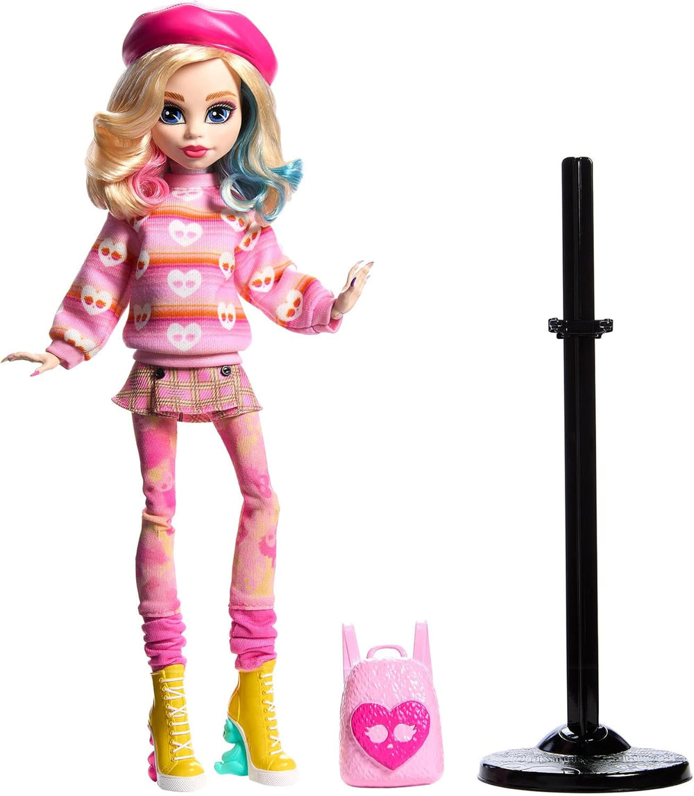 Monster High onsdagsdukke og tilbehør, Enid Sinclair samlerfigur i pink med baret og rygsæk, dukkestativ, HXJ05 Naty Shop-dukker