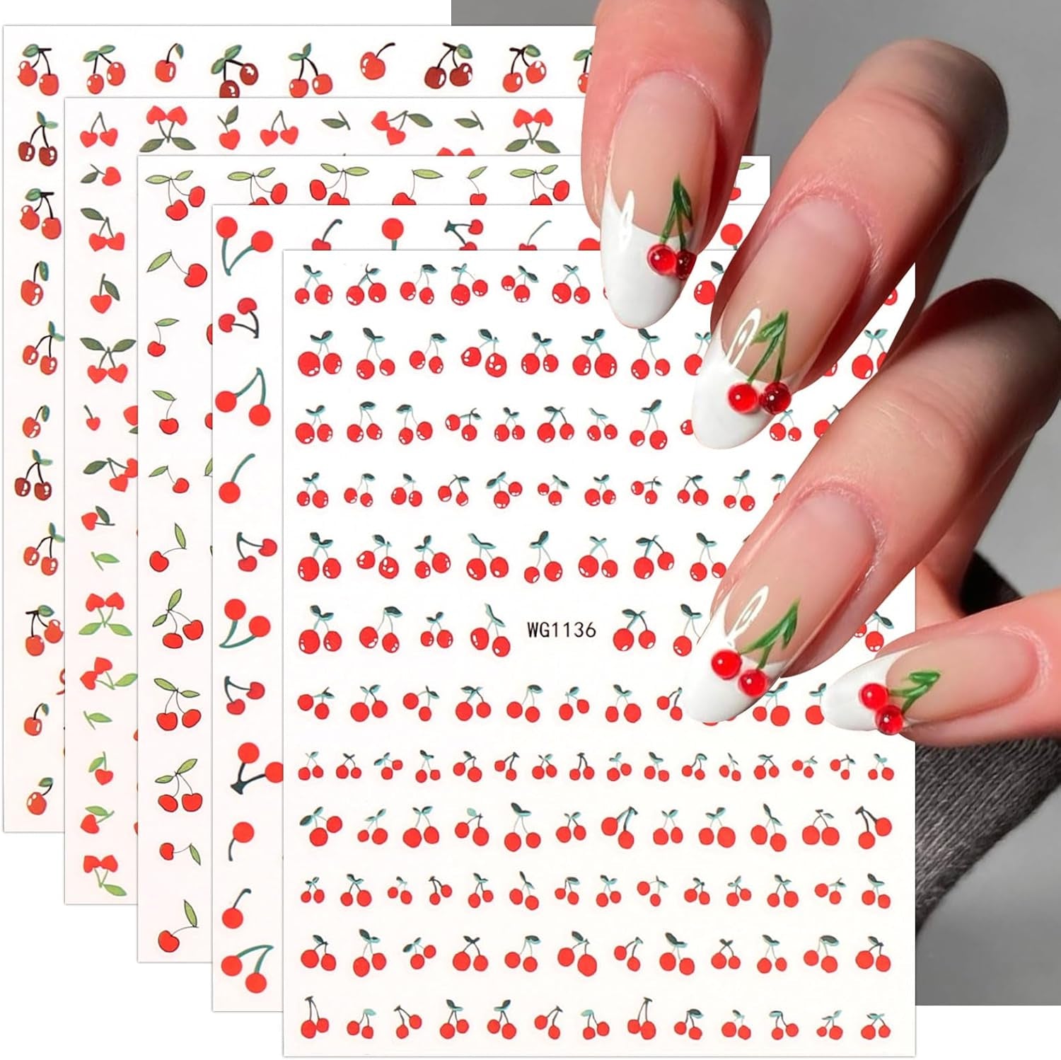 JMEOWIO Nagelsticker Kirschfrucht 6 Blatt Nail Art Sticker Selbstklebend Nagelaufkleber Dekoration Nageldesign Zubehör