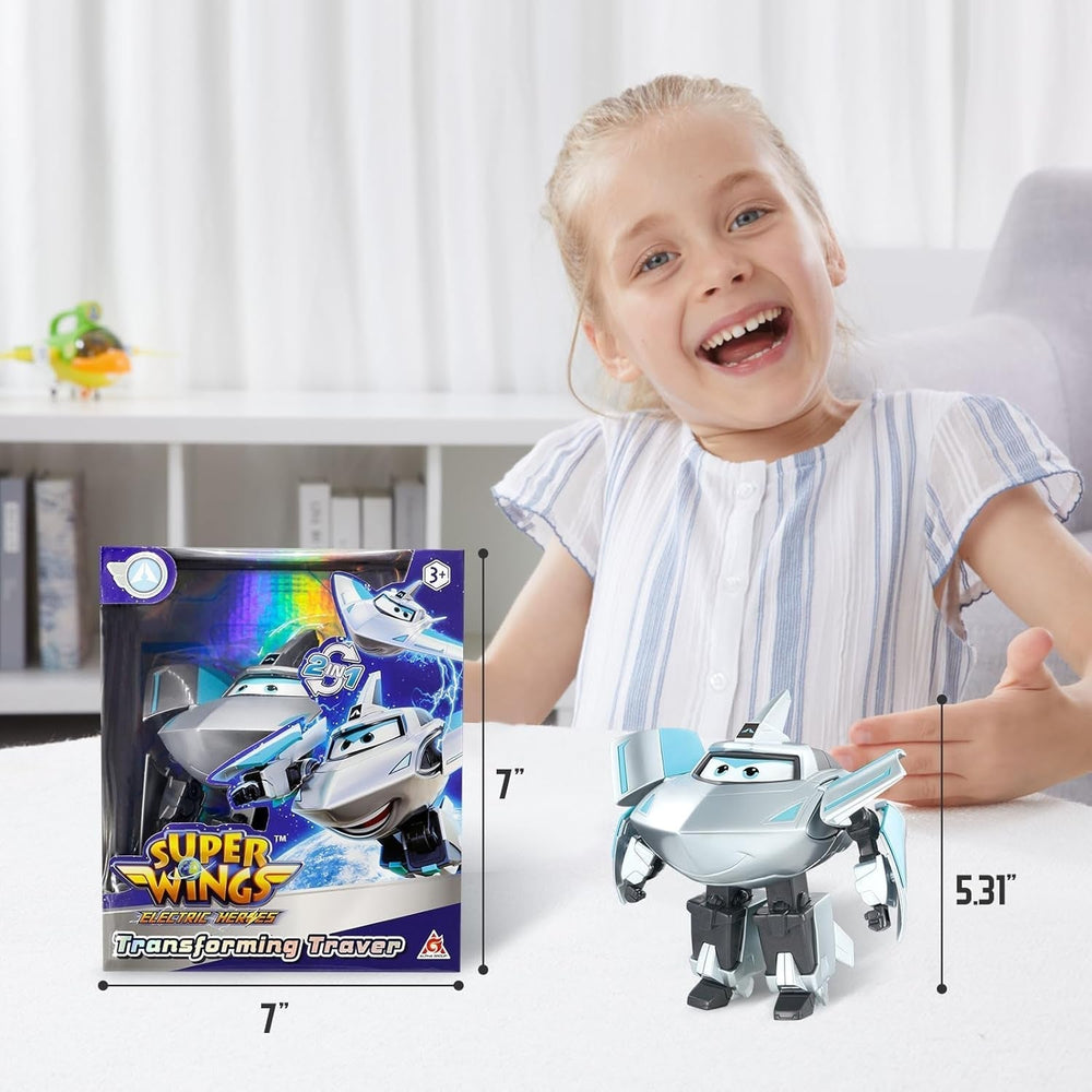 Super Wings Transformation Plane Supercharged Traver, ca. 12,7 Cm Store børn legefigur legetøj flyvemaskine og robot figur til drenge og piger over 3 år Sølv actionfigurer Naty Shop
