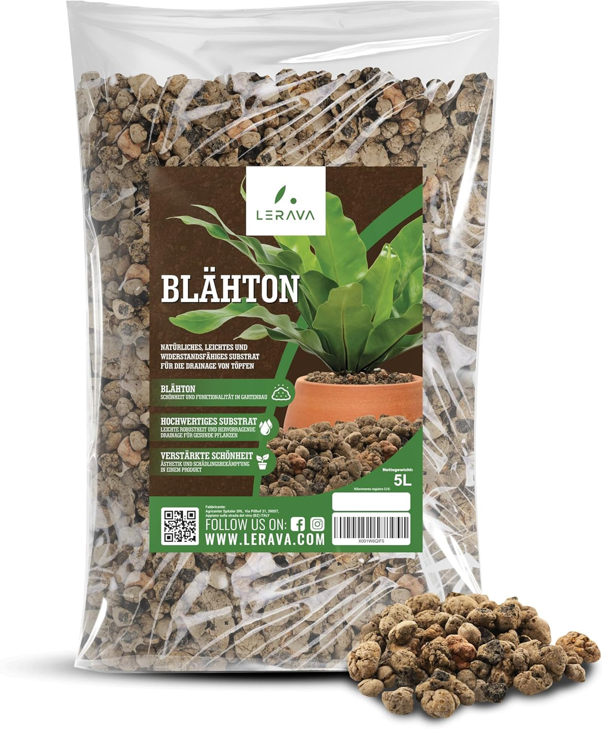 LERAVA® Expanded Clay (1L) – Lergranulat til stueplanter og hydroponics – Vegetabilsk ler med neutral pH for optimal dræning – Ideel som dræningslag eller dekorative lergranulat til planter
