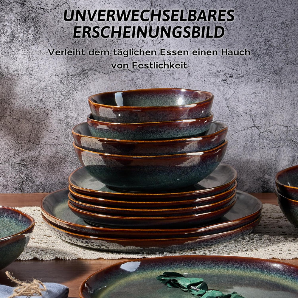 Set de veselă pentru 6 persoane, set de servire din gresie ceramică cu 24 de piese, set de veselă rotund neregulat cu farfurii, farfurii de desert, boluri pentru cereale, potrivit pentru cuptorul cu microunde și mașina de spălat vase, verde tundra reactiv