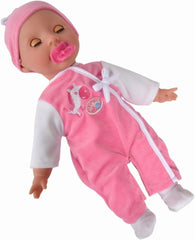 Simba 105140489 - Păpușa Laura Baby Talk, Păpușă cu corp moale de 38 cm și ochi adormiți, în salopă drăguță, 24 de sunete pentru bebeluși, Păpușă de joacă, Păpușă bebeluș, Vârste 2+