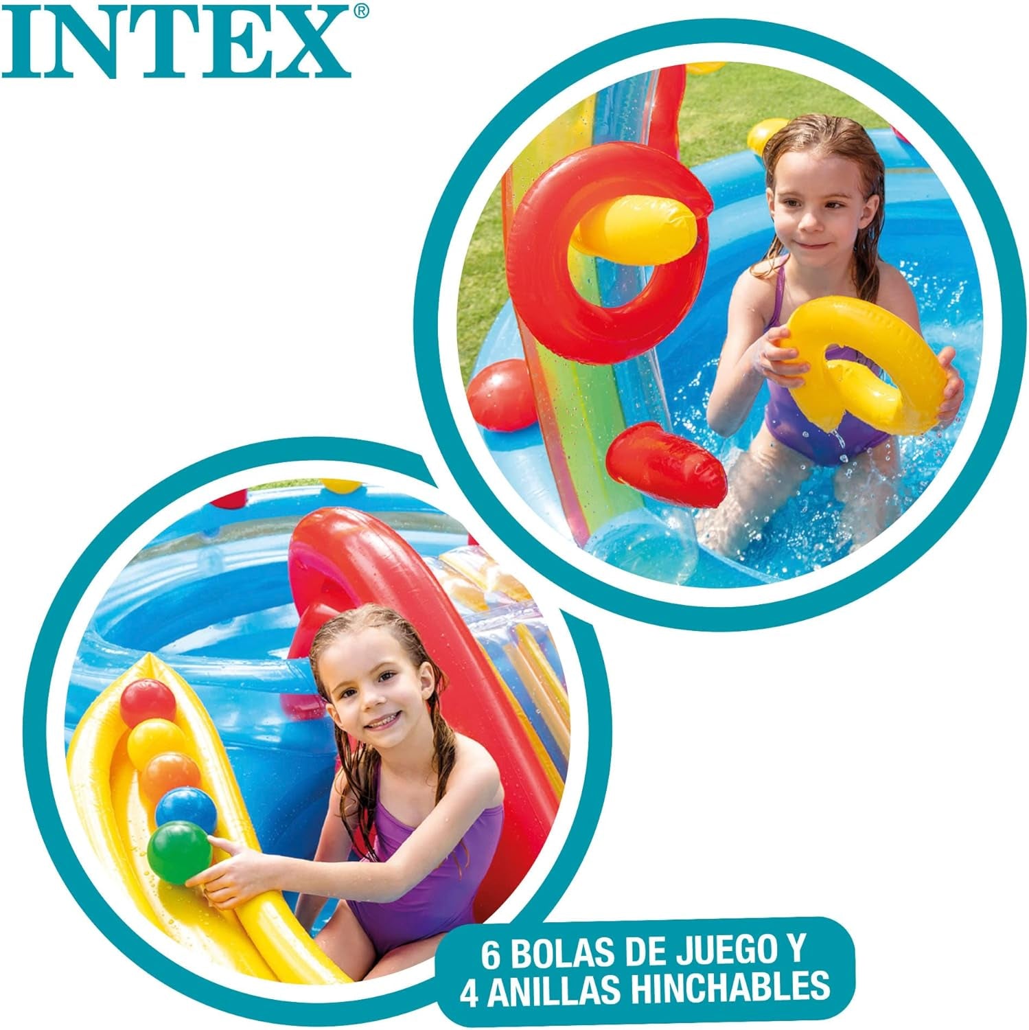 Intex Rainbow Ring Legecenter - Børnebassin over jorden - Børnebassin - 297 x 193 x 135 cm - Til 3+ år 57453NP Multicolor 297x193x135 cm