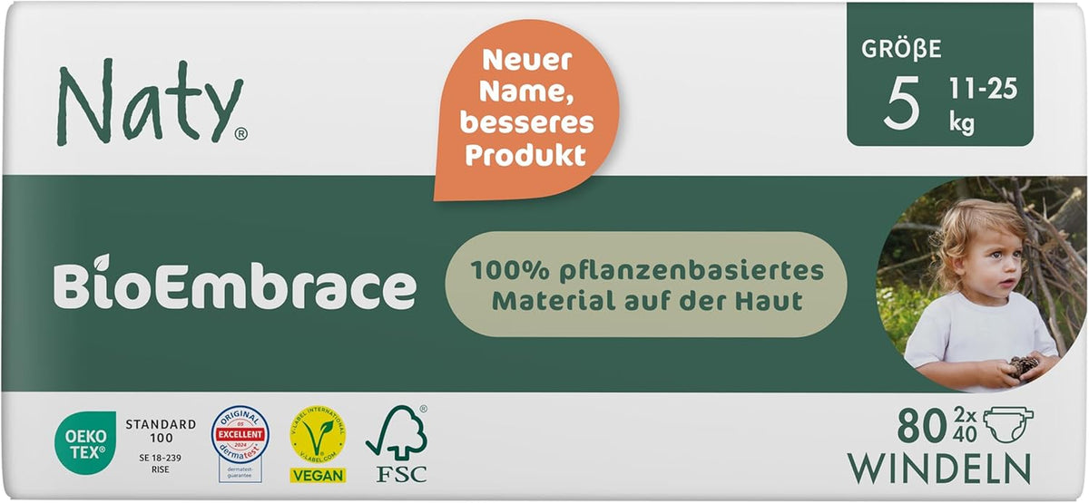Naty BioEmbrace babybleer, str. 5 (11-25 kg) | 100% plantebaserede materialer, skånsomme mod huden | Åndbar blødhed, dermatologisk testet, fremragende absorption | 80 stk.