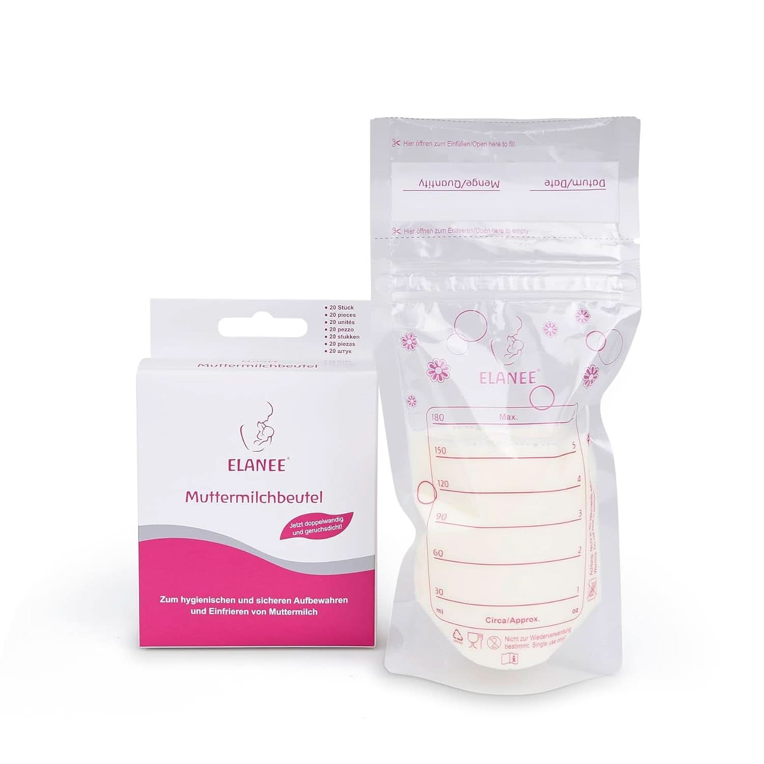 ELANEE Muttermilchbeutel, Aufbewahren & Einfrieren Von Muttermilch, Geschmackneutral Und Vorsterilisiert, Doppelter Sicherheitsverschluss, 20 Stück, Mit Standfuß (711-00) Babymad og ammetilbehør Naty Shop