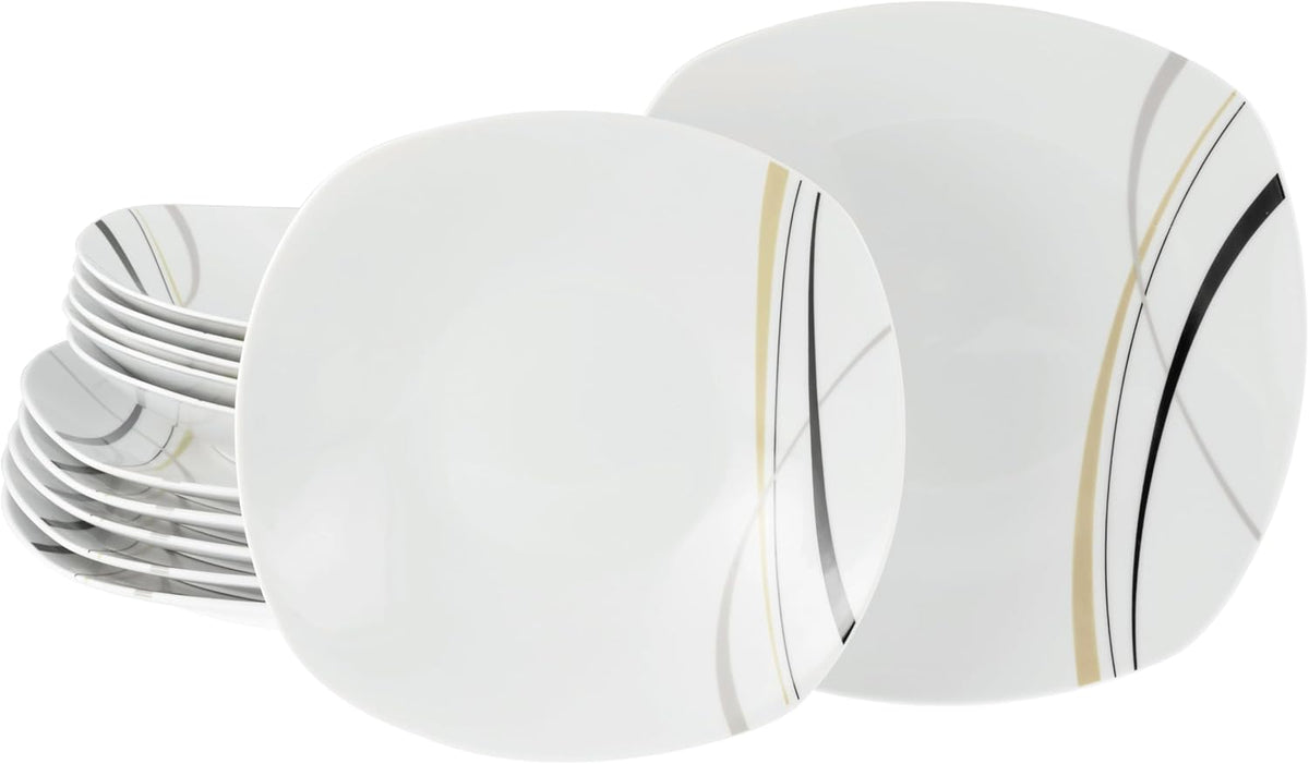 CreaTable, 24029, seria Square City Line, set de veselă din porțelan pentru 6 persoane, 12 piese, potrivit pentru mașina de spălat vase și cuptorul cu microunde, producție de calitate