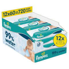 Pampers 99% vand babyservietter, 12 pakker med 60 servietter hver = 720 babyservietter, let lotion 99% vand