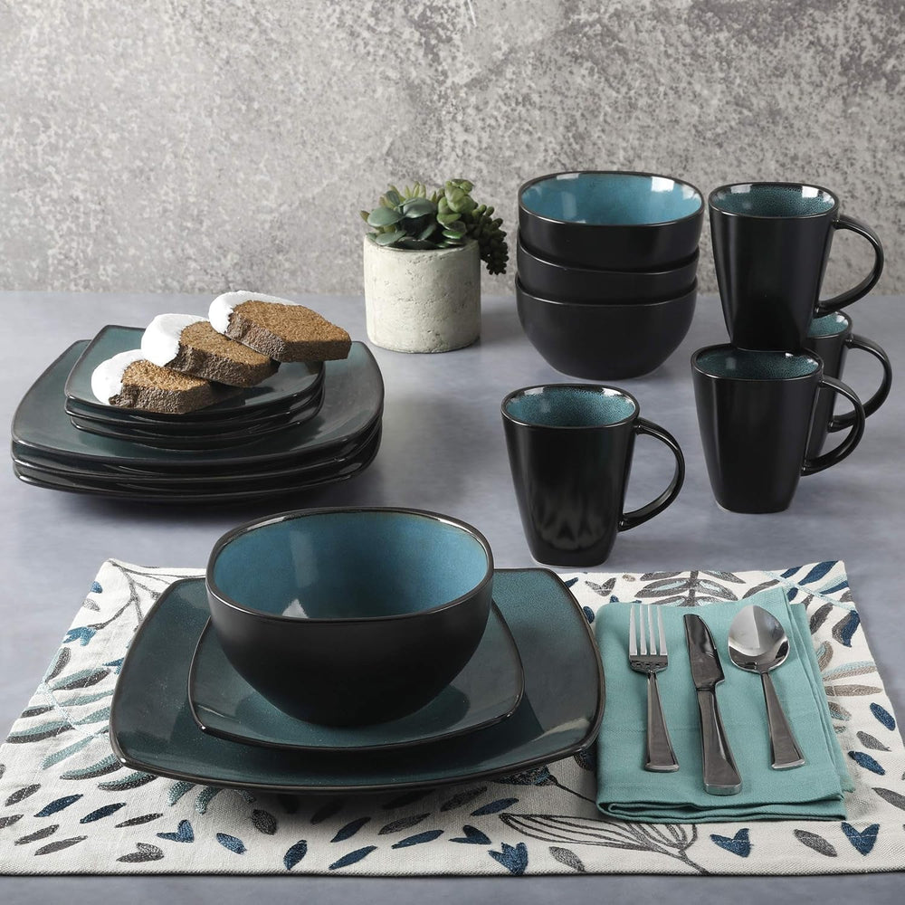 Set de veselă Gibson 99813.16R Elite Soho Lounge cu glazură reactivă pentru 4 persoane, 16 piese, efect bicolor albastru-verde/negru