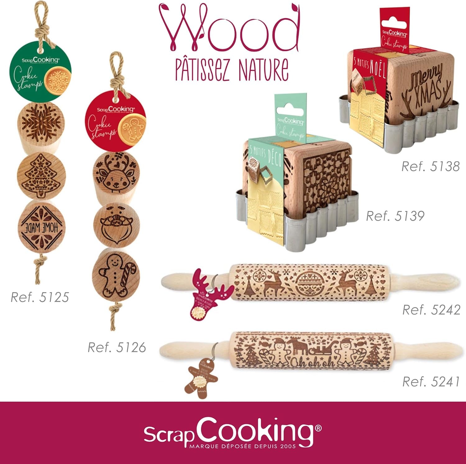 Scrap Cooking Teigrolle aus Holz "Xmas" mit weihnachtlichen Motiven – Prægerolle mit gepfragten Verzierungen für Kekse – dekorative Zubehör – 5242