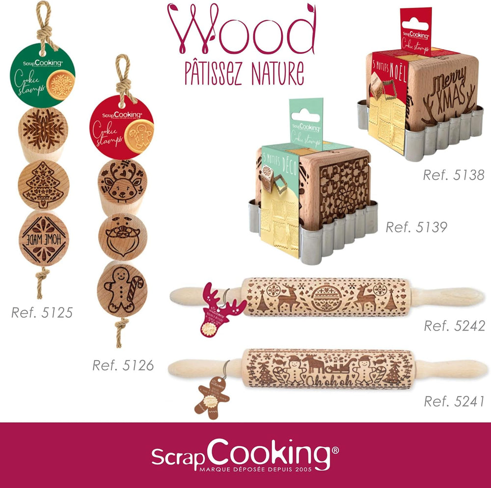 Scrap Cooking Teigrolle aus Holz "Xmas" mit weihnachtlichen Motiven – Prægerolle mit gepfragten Verzierungen für Kekse – dekorative Zubehör – 5242