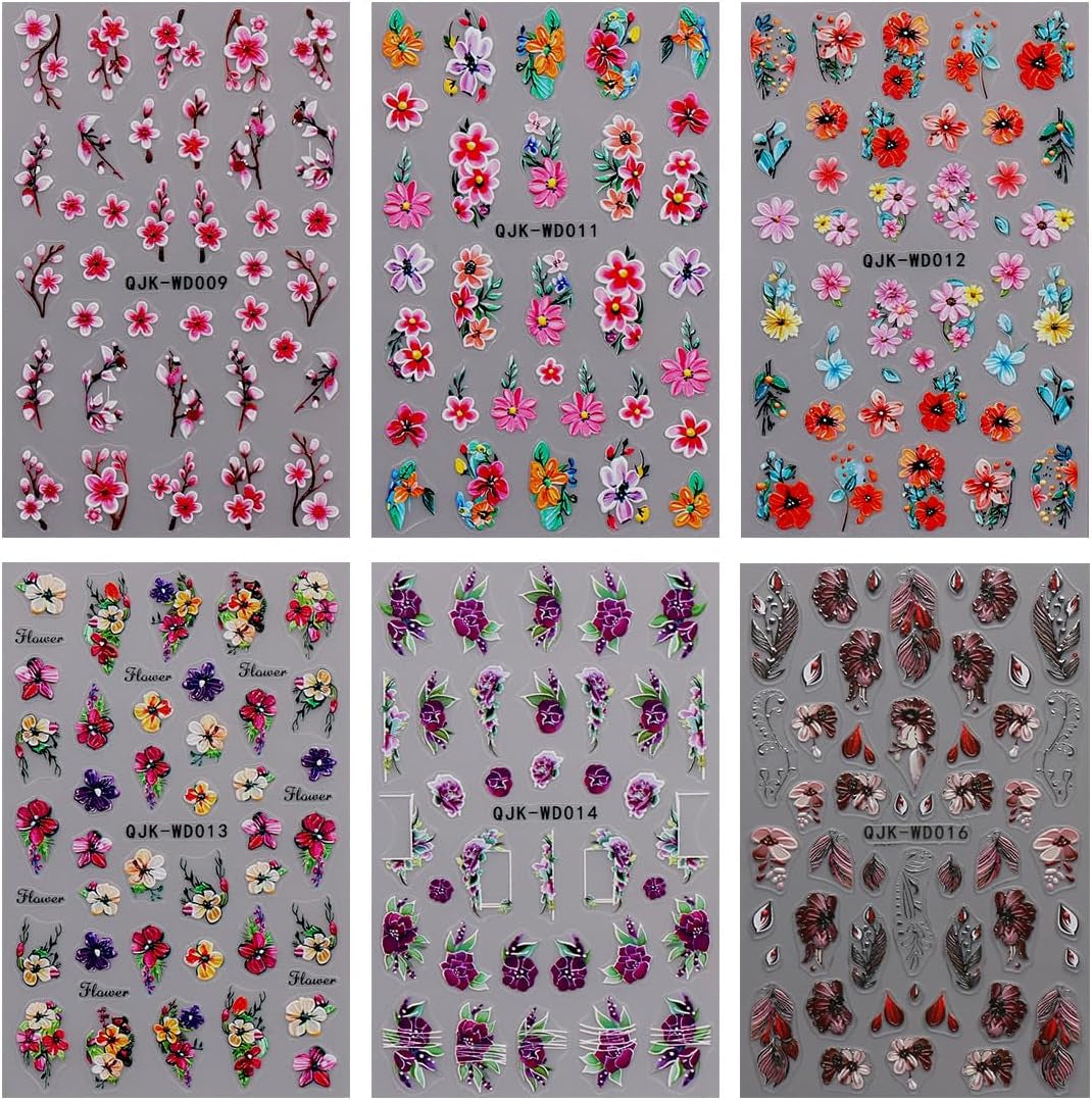 JMEOWIO Nagelsticker Blumen 6 Blatt Nail Art Sticker Selbstklebend Nagelaufkleber Sommer Blumen Dekoration Nageldesign Zubehör